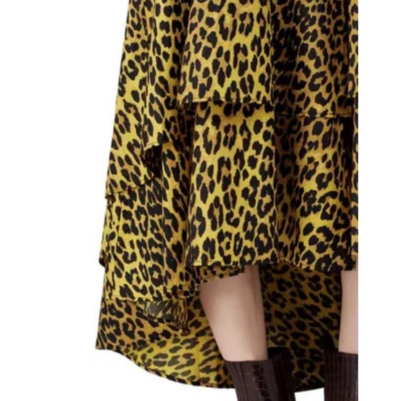 GANNI Yellow Gold Cheetah Midi Wrap Dress US 6 (sz 38) Animal Print Puffy Sleeve - Picture 4 of 10